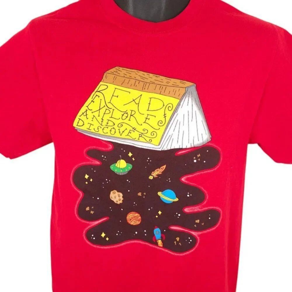 Reading T Shirt Mens Size Small Red Read Explore Discover Space Exploration